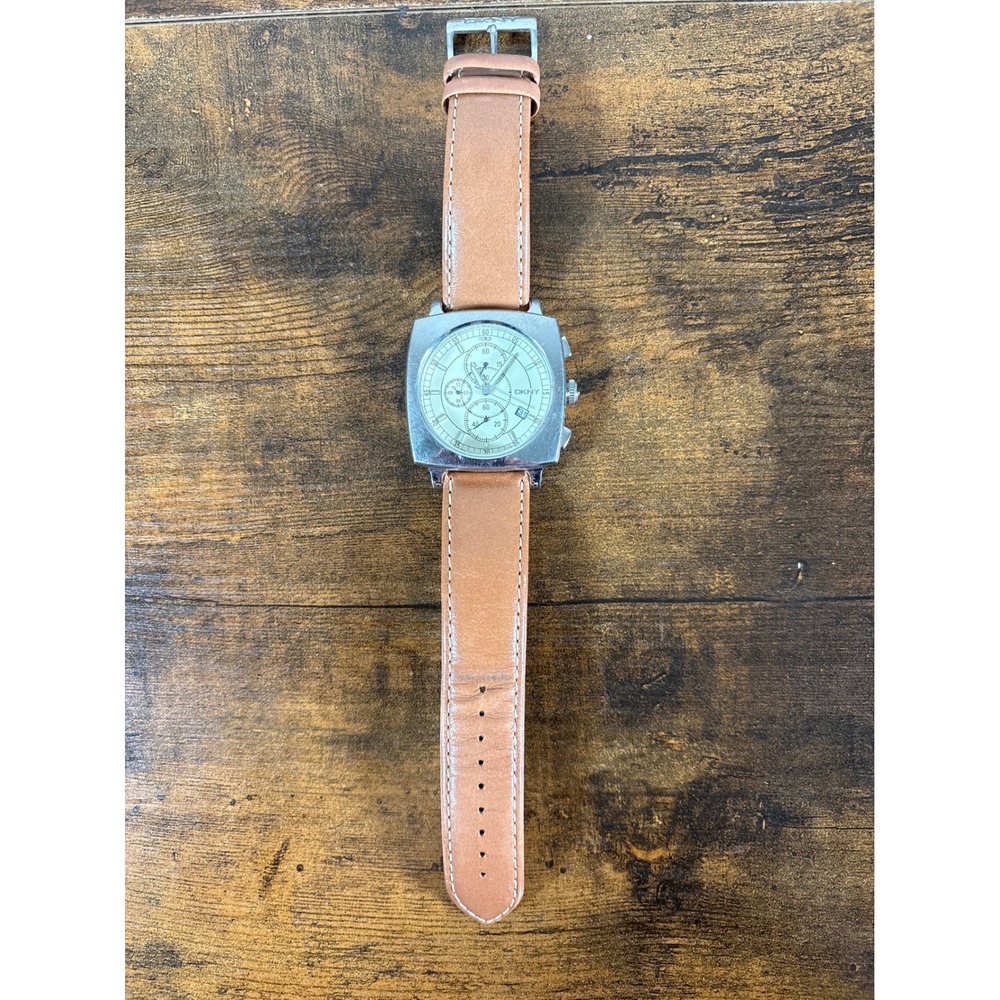 DKNY NY-1080 Chronograph Watch Square Stainless Steel Tan Leather Strap Silver